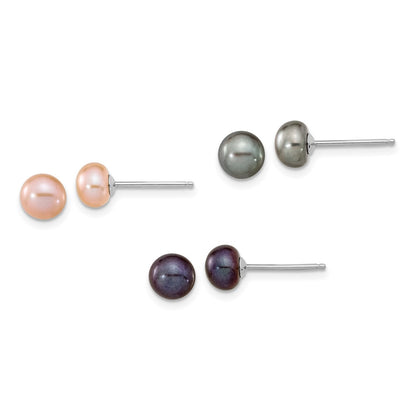 Sterling Silver Rhodium-plated 6-7mm Black, Pink and Gray Semi-Round Freshwater Cultured Pearl 18 inch Necklace, 7.25 inch Bracelet and 3-piece Button Post Earrings Set
