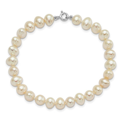 Sterling Silver Rhodium-plated 6-7mm White Semi-Round Freshwater Cultured Pearl 18 inch Necklace, 7.25 in Bracelet and Button Post Earrings Set