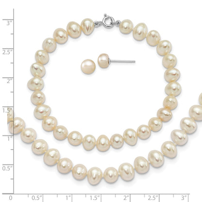 Sterling Silver Rhodium-plated 6-7mm White Semi-Round Freshwater Cultured Pearl 18 inch Necklace, 7.25 in Bracelet and Button Post Earrings Set