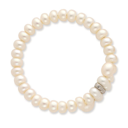 Sterling Silver Rhodium-plated 6-8mm White Button and Rice Freshwater Cultured Pearl Flexible 7.5 inch Bracelet