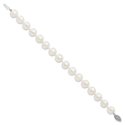 Sterling Silver Rhodium-plated 10-11mm White Near-Round Freshwater Cultured Pearl 7.25 inch Bracelet