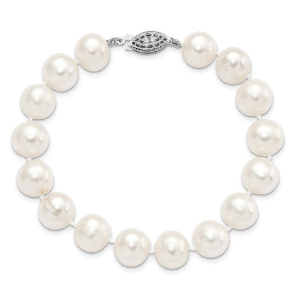Sterling Silver Rhodium-plated 10-11mm White Near-Round Freshwater Cultured Pearl 7.25 inch Bracelet