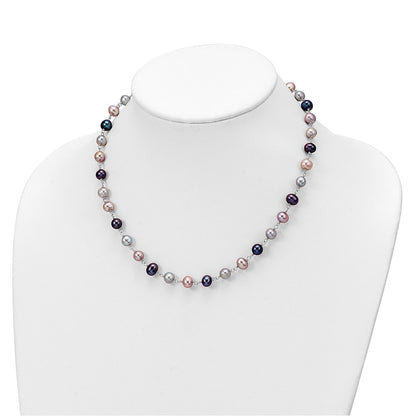 Sterling Silver Rhodium-plated 6-7mm Grey, Pink and Black Semi-Round Freshwater Cultured Pearl 18 inch Necklace, 7.25 inch Bracelet and 3-piece Button Post Earrings Set