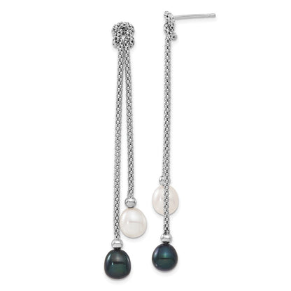 Sterling Silver Rhodium-plated 7-8mm Black and White Teardrop Freshwater Cultured Pearl Knot 18 inch Necklace and Post Dangle Earrings Set