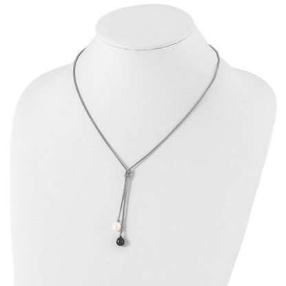 Sterling Silver Rhodium-plated 7-8mm Black and White Teardrop Freshwater Cultured Pearl Knot 18 inch Necklace and Post Dangle Earrings Set