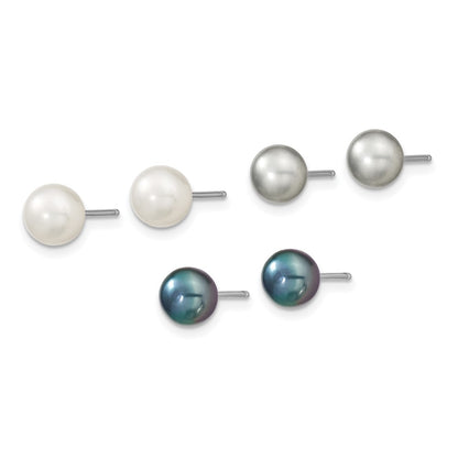 Sterling Silver Rhodium-plated 6-8mm White, Grey and Black Semi-Round Freshwater Cultured Pearl 18 inch Necklace and 7.25 inch Bracelet and 3-piece Button Post Earrings Set