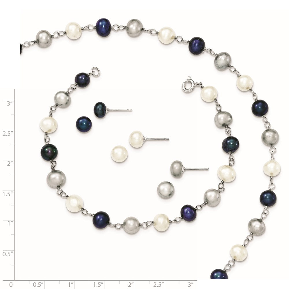 Sterling Silver Rhodium-plated 6-8mm White, Grey and Black Semi-Round Freshwater Cultured Pearl 18 inch Necklace and 7.25 inch Bracelet and 3-piece Button Post Earrings Set