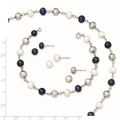Sterling Silver Rhodium-plated 6-8mm White, Grey and Black Semi-Round Freshwater Cultured Pearl 18 inch Necklace and 7.25 inch Bracelet and 3-piece Button Post Earrings Set