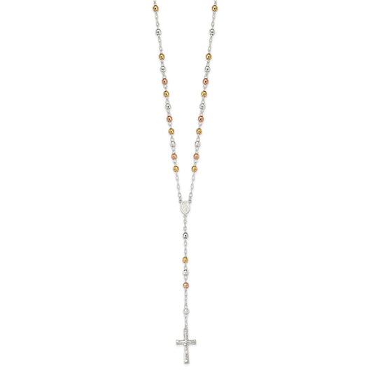 Sterling Silver Rose and Yellow Gold-plated Polished Mirror Beaded 26 inch Rosary