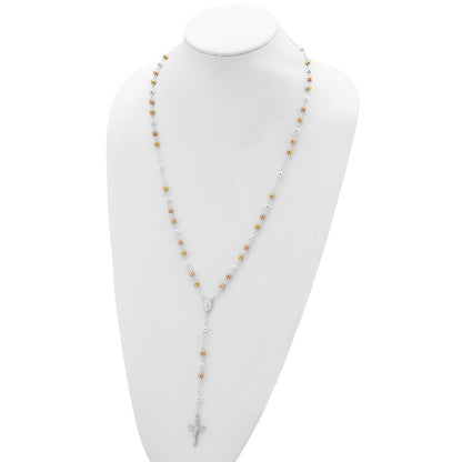 Sterling Silver Tri-color Polished Textured Bead Rosary 26 inch Necklace