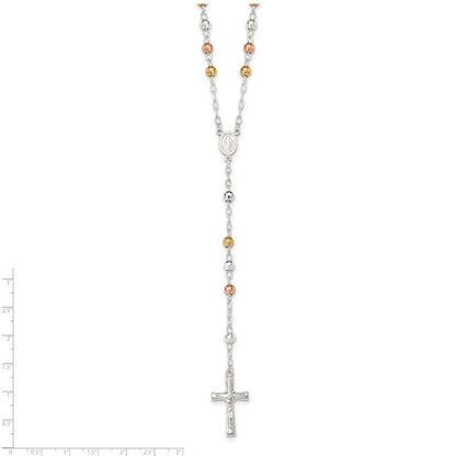Sterling Silver Tri-color Polished Textured Bead Rosary 26 inch Necklace