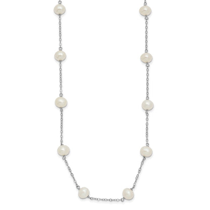 Sterling Silver Rhodium-plated 6-7mm White Near-Round Freshwater Cultured Pearl 14-Station 18 inch Necklace