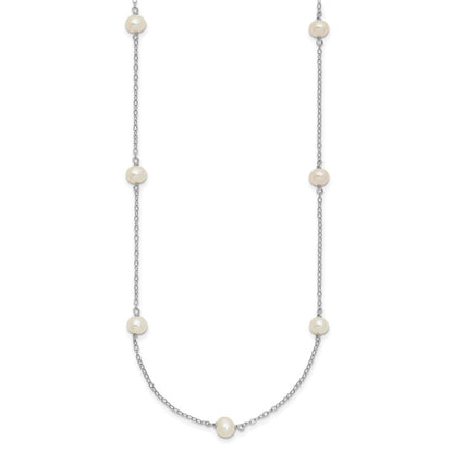 Sterling Silver Rhodium-plated 5-6mm White Near-Round Freshwater Cultured Pearl 8-Station 16 inch Necklace