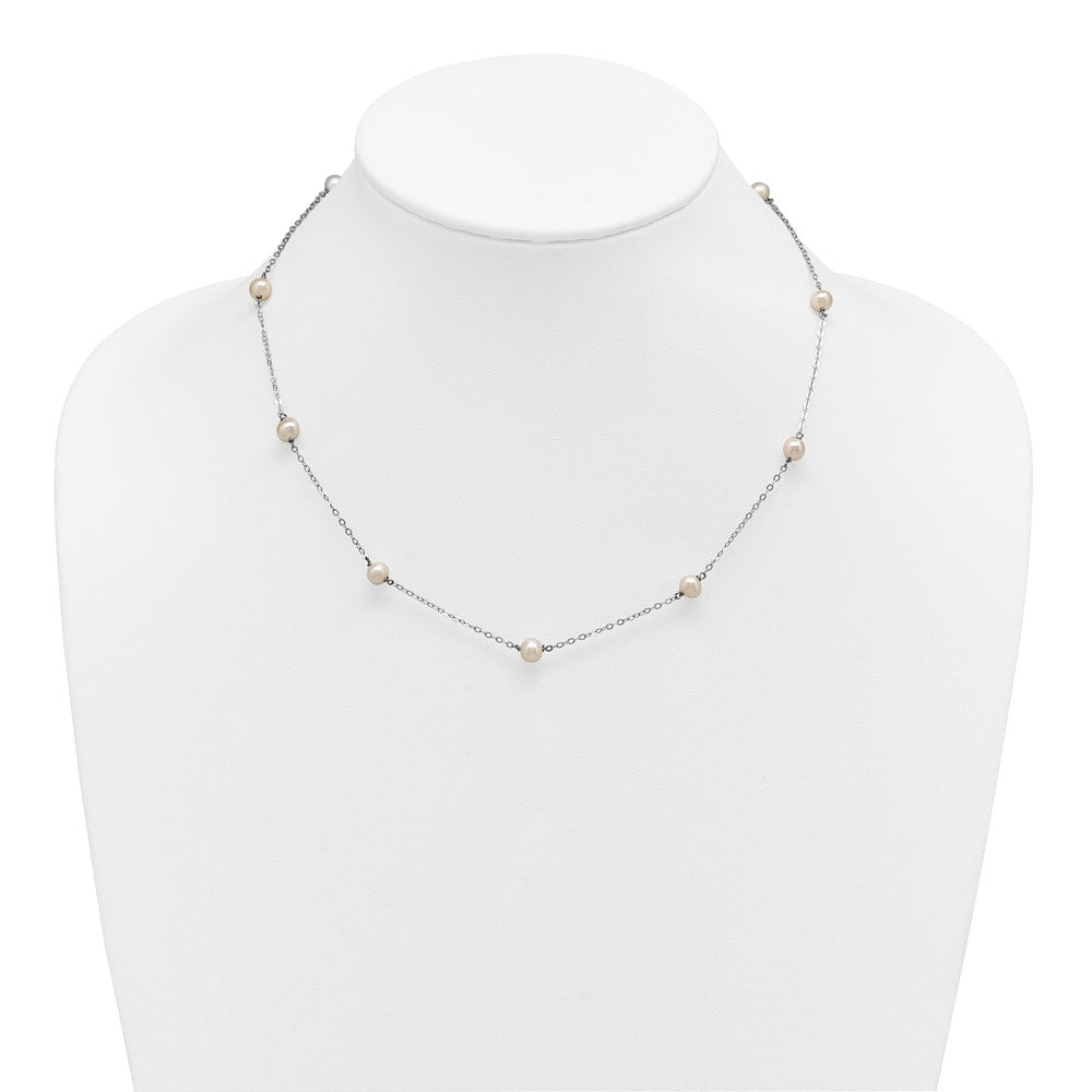 Sterling Silver Rhodium-plated 5-6mm White Near-Round Freshwater Cultured Pearl 9-Station 18 inch Necklace