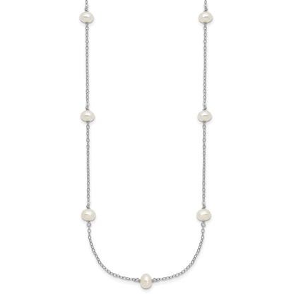 Sterling Silver Rhodium-plated 4-5mm White Near-Round Freshwater Cultured Pearl 9-Station 18 inch Necklace