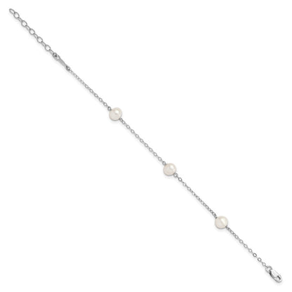 Sterling Silver Rhodium-plated 5-6mm White Freshwater Cultured Pearl 3-Stations 5.5 inch with 1 inch Extension Bracelet