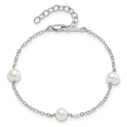Sterling Silver Rhodium-plated 5-6mm White Freshwater Cultured Pearl 3-Stations 7.5 inch Bracelet