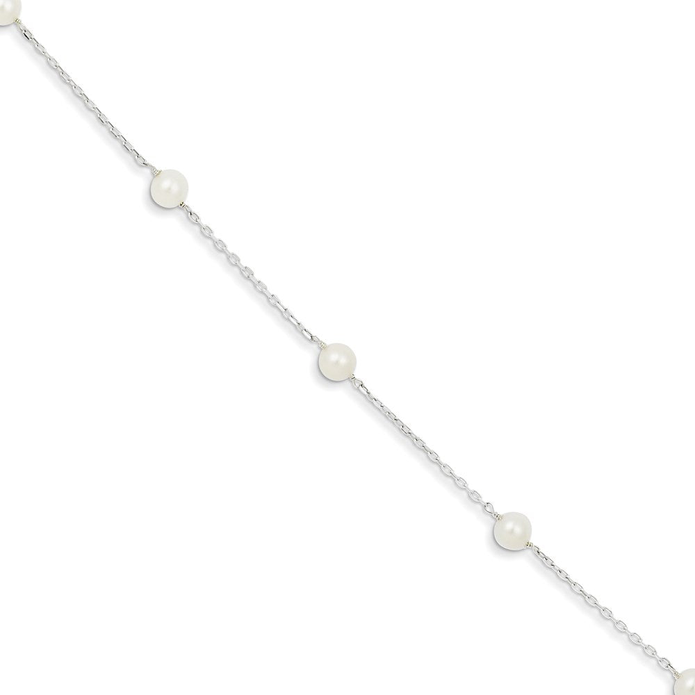 Sterling Silver Rhodium-plated 5-6mm White Freshwater Cultured Pearl 3-Stations 5.5 inch with 1 inch Extension Bracelet