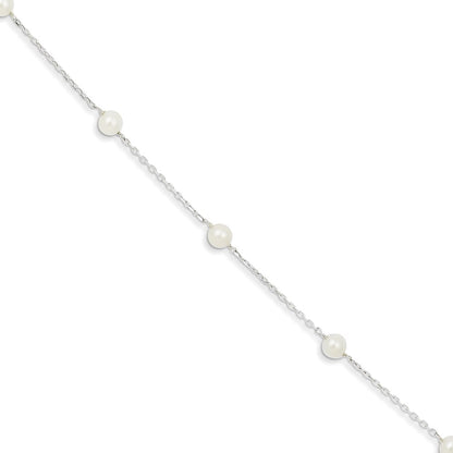 Sterling Silver Rhodium-plated 5-6mm White Freshwater Cultured Pearl 3-Stations 5.5 inch with 1 inch Extension Bracelet
