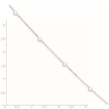 Sterling Silver Rhodium-plated 5-6mm White Round Freshwater Cultured Pearl 5-Station 7 inch Bracelet