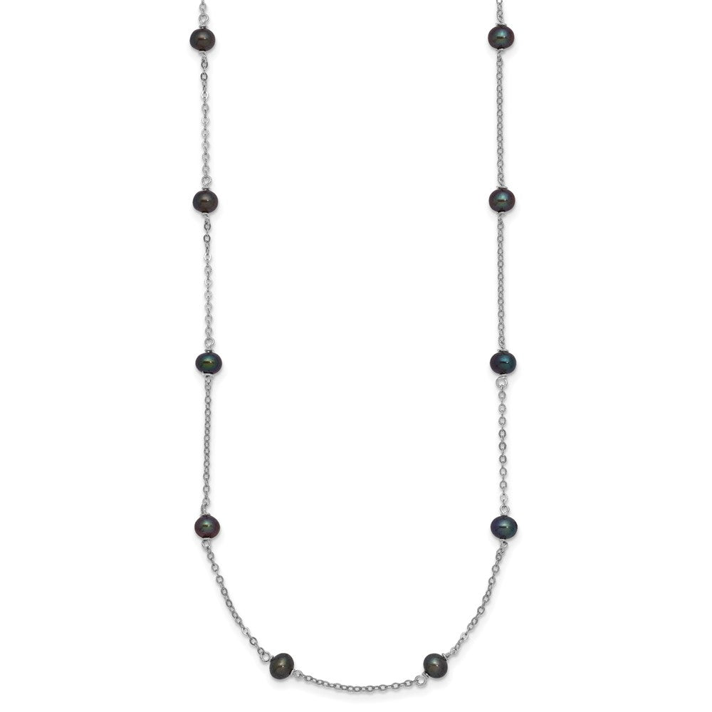 Sterling Silver Rhodium-plated 4-5mm Black Semi-Round Freshwater Cultured Pearl 8-Station 16 inch Necklace