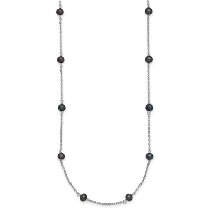Sterling Silver Rhodium-plated 4-5mm Black Semi-Round Freshwater Cultured Pearl 8-Station 16 inch Necklace