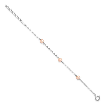 Sterling Silver Rhodium-plated 4-5mm Pink Semi-Round Freshwater Cultured Pearl 3-Station 5 inch with 1 inch Extension Children's Bracelet