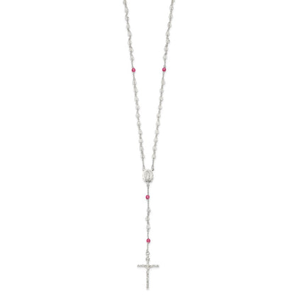 Sterling Silver Polished Crystal Rose Quartz Rosary Necklace