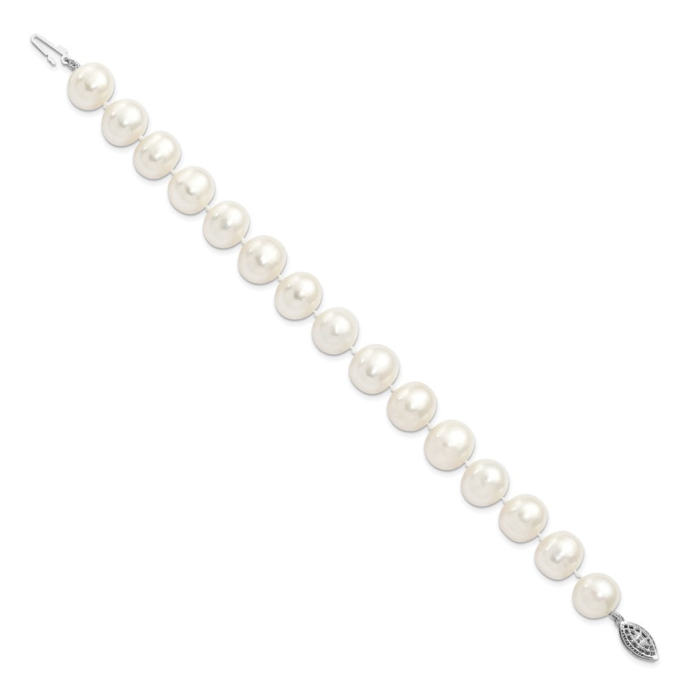 Sterling Silver Rhodium-plated 11-12mm White Near-Round Freshwater Cultured Pearl 7.25 inch Bracelet
