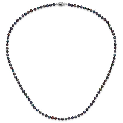 Sterling Silver Rhodium-plated 4-5mm Black Near-Round Freshwater Cultured Pearl 20 inch Necklace