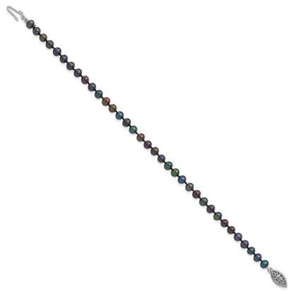 Sterling Silver Rhodium-plated 4-5mm Black Near-Round Freshwater Cultured Pearl 7.25 inch Bracelet
