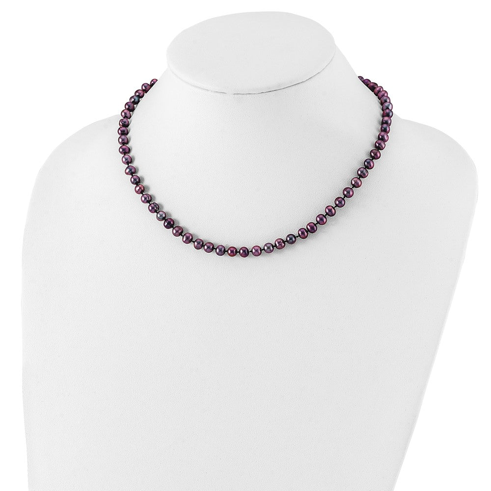Sterling Silver Rhodium-plated 5-6mm Black Near-Round Freshwater Cultured Pearl 18 inch Necklace
