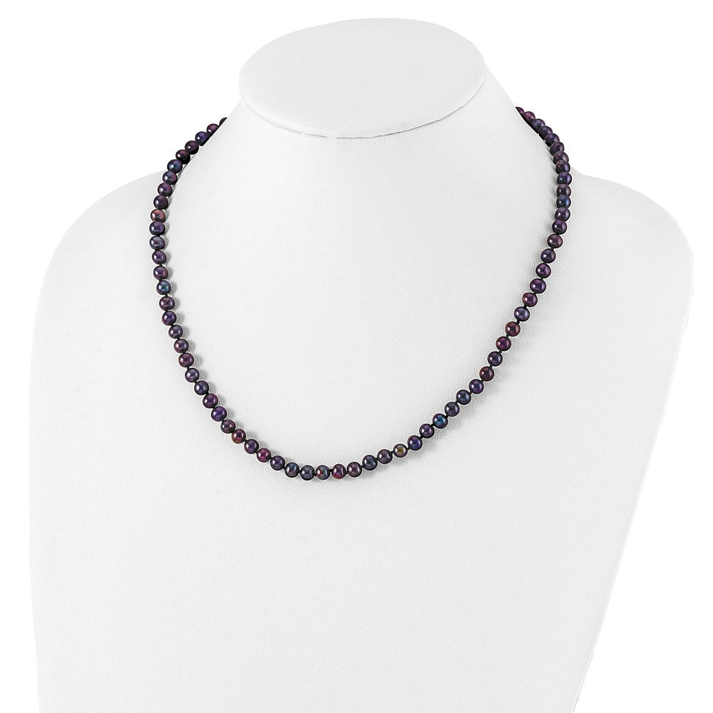 Sterling Silver Rhodium-plated 5-6mm Black Near-Round Freshwater Cultured Pearl 24 inch Necklace