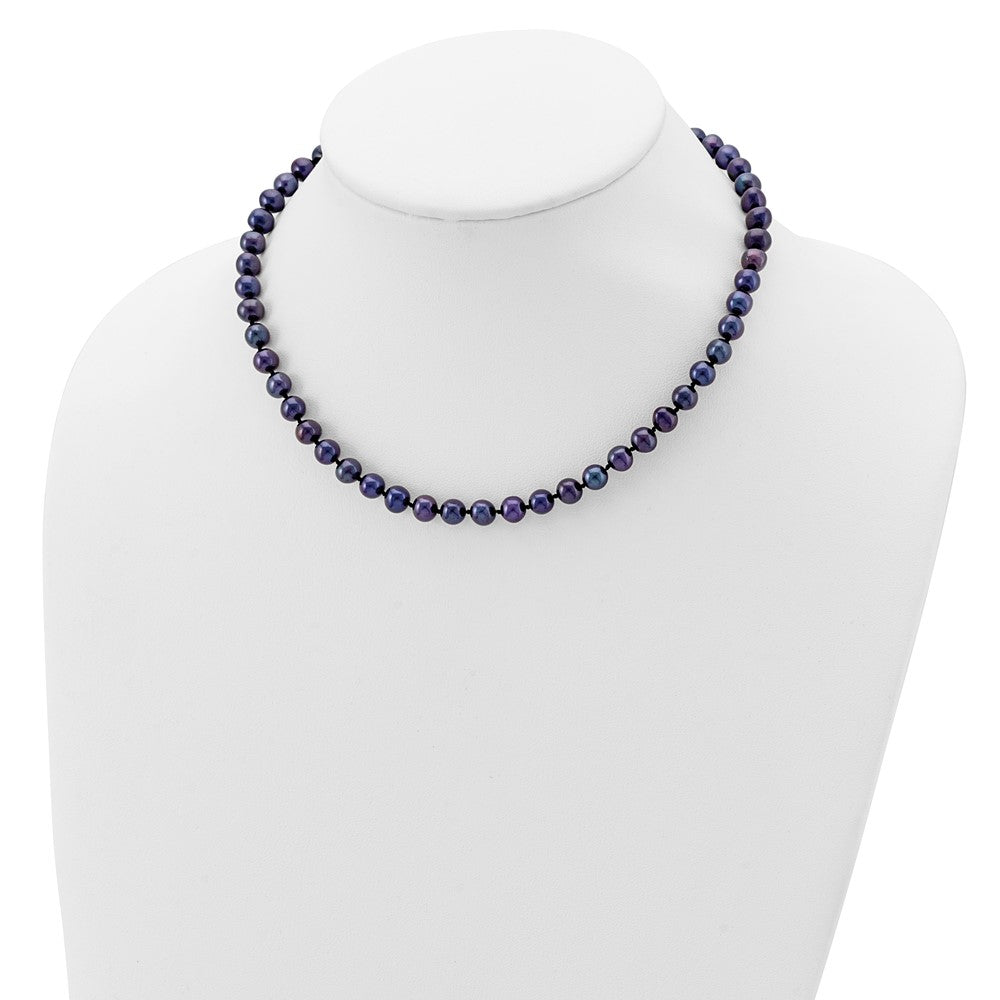 Sterling Silver Rhodium-plated 6-7mm Black Near-Round Freshwater Cultured Pearl 24 inch Necklace