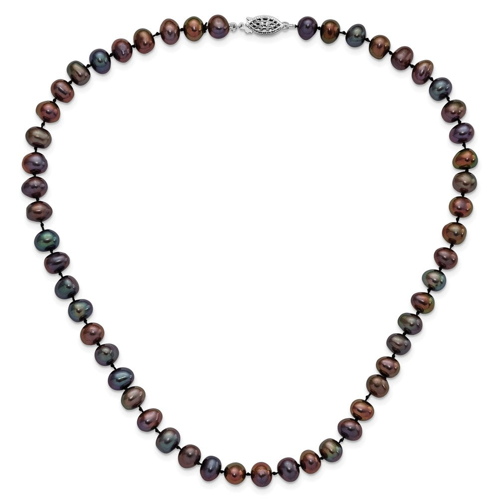 Sterling Silver Rhodium-plated 7-8mm Black Near-Round Freshwater Cultured Pearl 24 inch Necklace