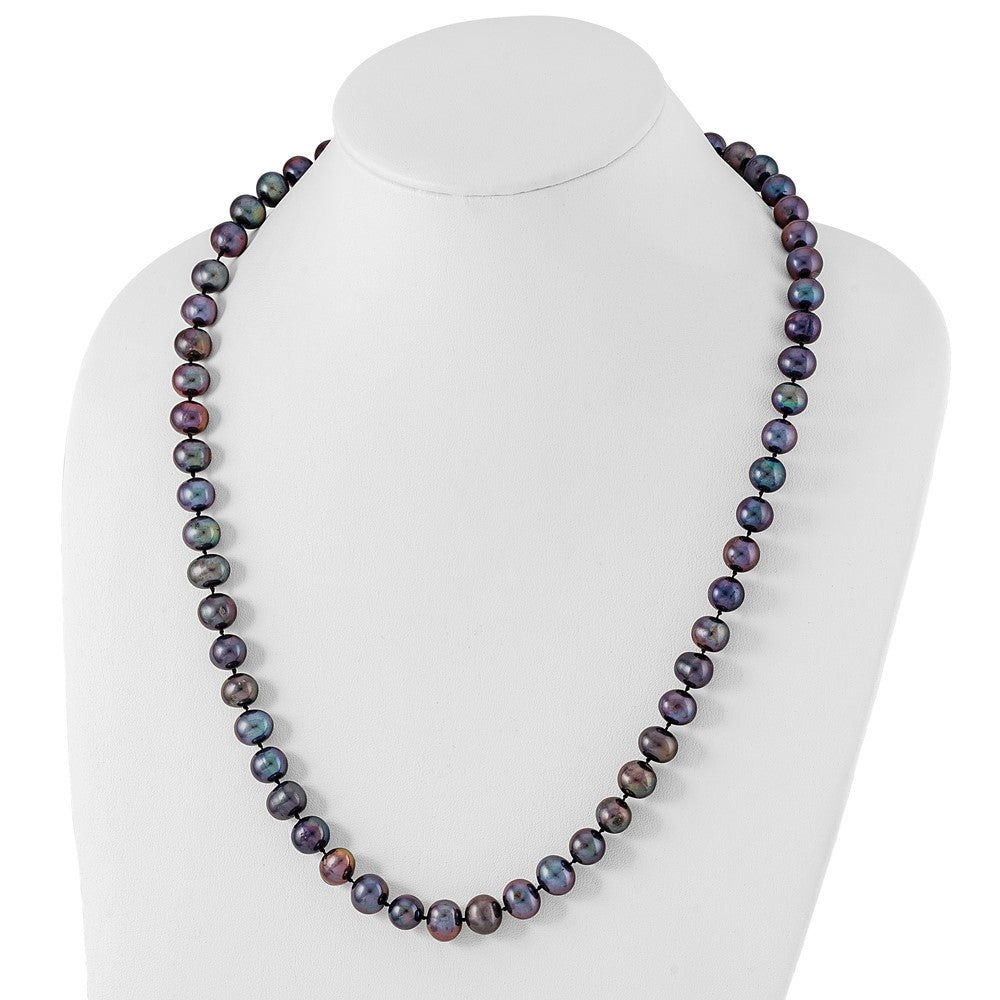 Sterling Silver Rhodium-plated 9-10mm Black Near-Round Freshwater Cultured Pearl 24 inch Necklace