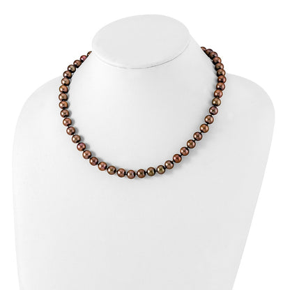 Sterling Silver Rhodium-plated 8-9mm Brown Near-Round Freshwater Cultured Pearl 24 inch Necklace