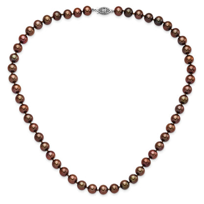Sterling Silver Rhodium-plated 8-9mm Brown Near-Round Freshwater Cultured Pearl 28 inch Necklace