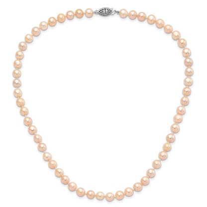 Sterling Silver Rhodium-plated 6-7mm Pink Near-Round Freshwater Cultured Pearl 18 inch Necklace