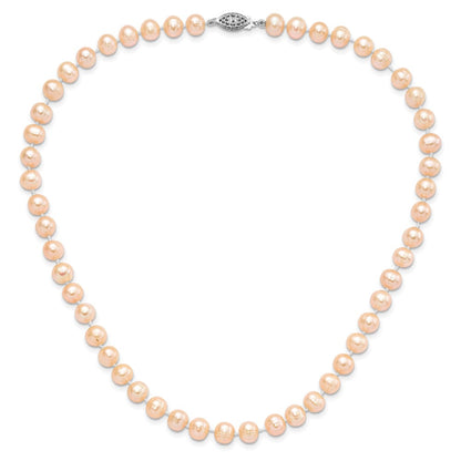 Sterling Silver Rhodium-plated 7-8mm Pink Near-Round Freshwater Cultured Pearl 18 inch Necklace