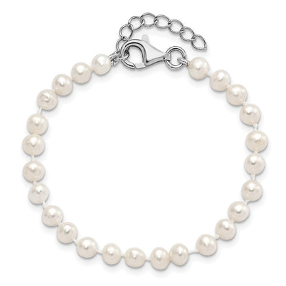 Sterling Silver Rhodium-plated 4-5mm White Semi-Round Freshwater Cultured Pearl 14 inch Necklace, 5 inch Bracelet and Post Earrings Set