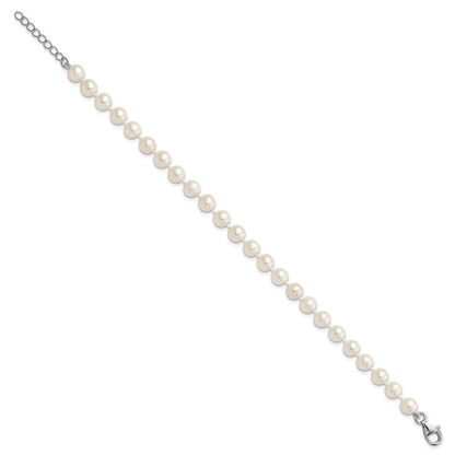 Sterling Silver Rhodium-plated 6-7mm White Semi-Round Freshwater Cultured Pearl 18 inch with 2 inch Extension Necklace, 7 inch Bracelet and Button Post Earrings Set