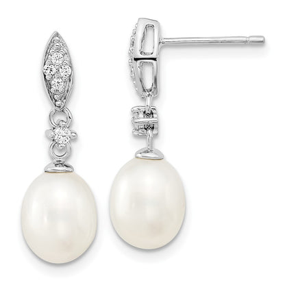Sterling Silver Rhodium-plated 8-9mm White Teardrop Freshwater Cultured Pearl and CZ 17 inch Necklace and Post Dangle Earrings Set