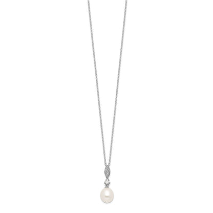 Sterling Silver Rhodium-plated 8-9mm White Teardrop Freshwater Cultured Pearl and CZ 17 inch Necklace and Post Dangle Earrings Set