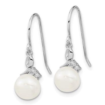 Sterling Silver Rhodium-plated 7-8mm White Semi-Round Freshwater Cultured Pearl and CZ 17 inch Necklace and Dangle Earrings Set