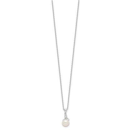 Sterling Silver Rhodium-plated 7-8mm White Semi-Round Freshwater Cultured Pearl and CZ 17 inch Necklace and Dangle Earrings Set