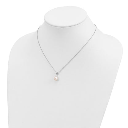 Sterling Silver Rhodium-plated 7-8mm White Teardrop Freshwater Cultured Pearl 17 inch Necklace Button Post Earrings Set