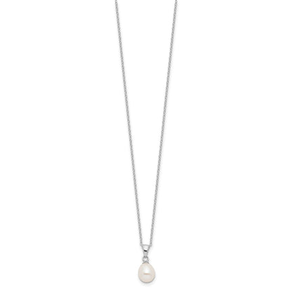 Sterling Silver Rhodium-plated 7-8mm White Teardrop Freshwater Cultured Pearl 17 inch Necklace Button Post Earrings Set