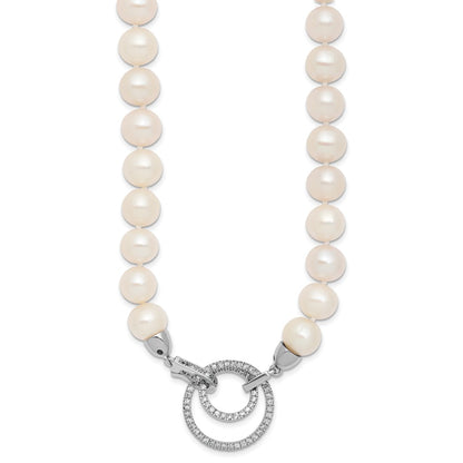 Sterling Silver Rhodium-plated 10-11mm White Near-Round Freshwater Cultured Pearl and CZ Clasp Adjustable 19.5 inch Necklace