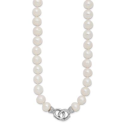 Sterling Silver Rhodium-plated 9-10mm White Near-Round Freshwater Cultured Pearl and CZ Clasp Adjustable 18 inch Necklace